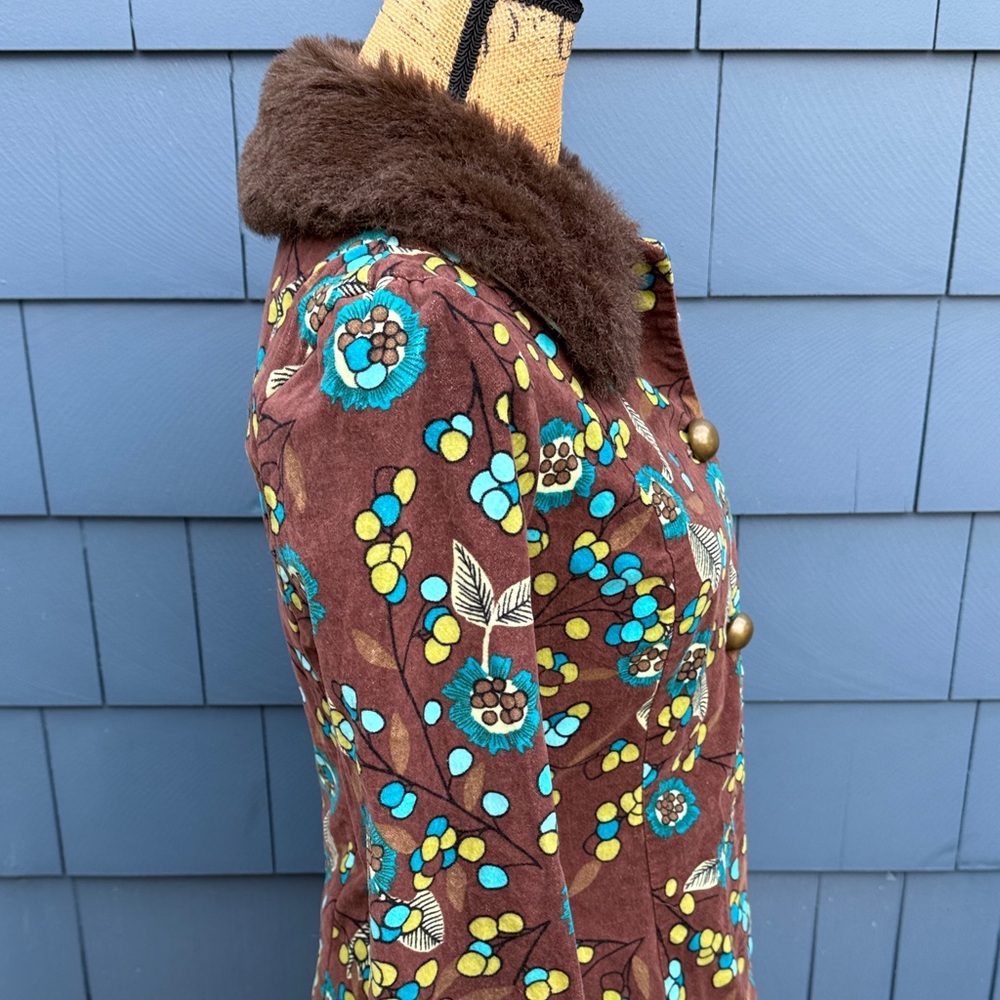 Vintage Sookie des L.A. Floral Brown Coat with Faux Fur Trim velvet - Picture 5 of 12
